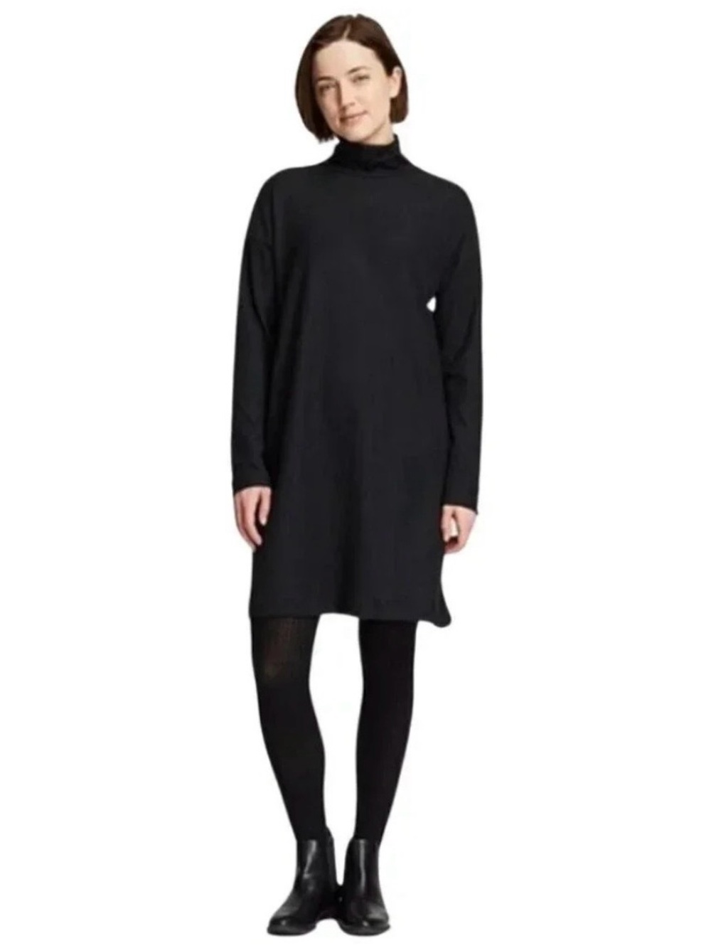 Uniqlo Navy Sweater Dress Fall Career Capsule Casual XS Mock Neck Minimal Soft